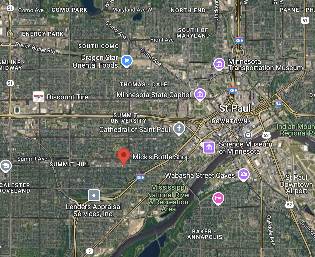Map showing Mick's Bottle Shop location at 666 Grand Ave, St. Paul